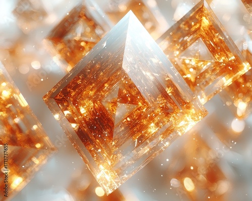 Abstract image of numerous glowing, amber-colored, geometric shapes
