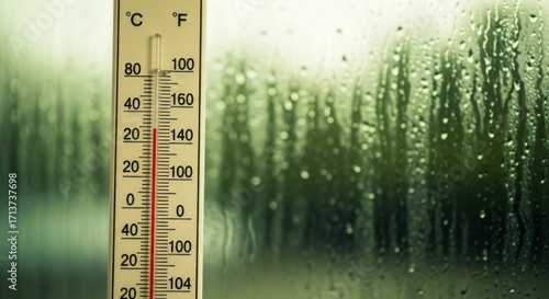Close up of a thermometer on a window with condensation showing the temperature in celsius and fahrenheit on a humid day