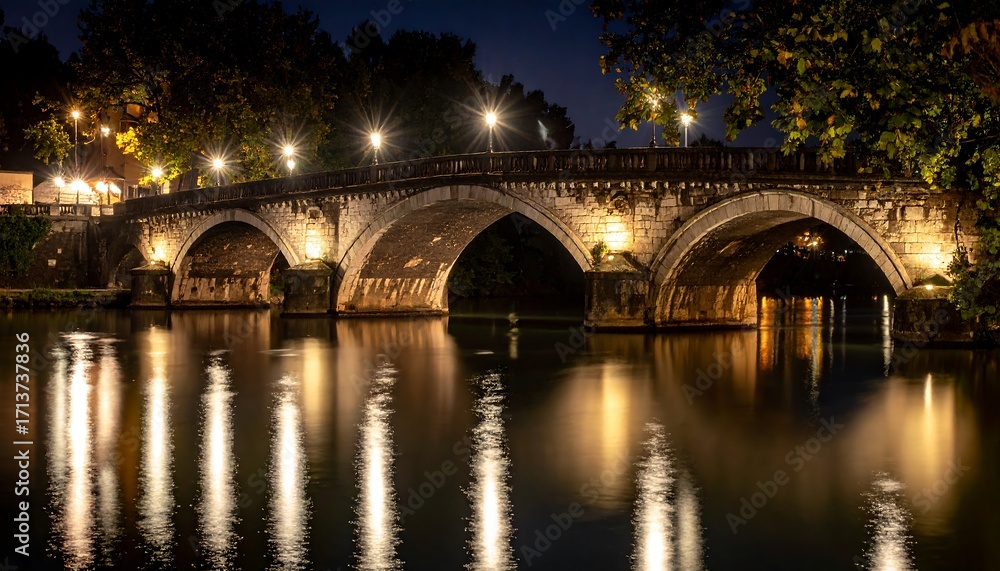 Fototapeta premium Stone Arch Bridge at Night Reflecting in River Water