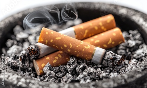 Three cigarettes in an ashtray filled with ash and smoke