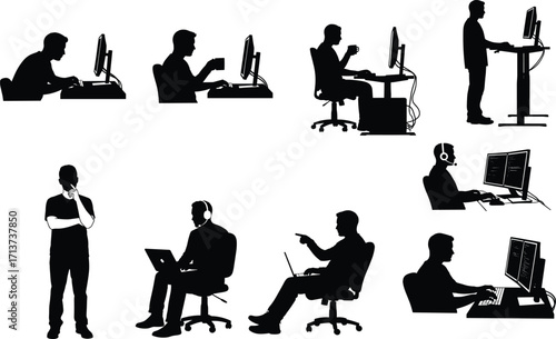 Computer posture silhouette set, black, professionals seated, standing, working, thinking, headphones, laptops, vector, isolated tech and workspace bundle