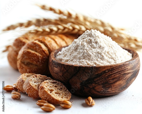 Wheat flour and bread on white surface