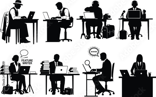 Creative desk work silhouette set, black, professionals with laptops, books, microphones, coffee, vector, isolated modern workspace posture bundle