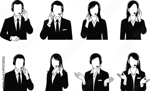 Customer service silhouette set, black, professionals in suits with headsets, speaking, listening, gesturing, vector, isolated support posture bundle
