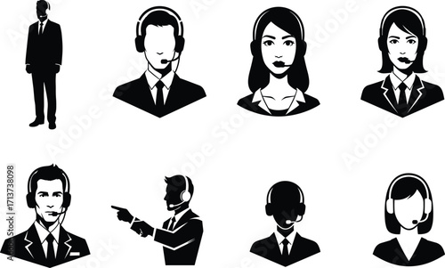 Customer support profile silhouette set, black, professionals with headsets, suits, gestures, vector, isolated business communication posture bundle