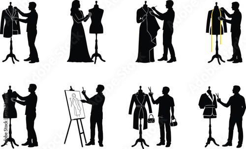 Fashion creation silhouette set, black, designers sketching, draping, adjusting garments, presenting outfits, vector, isolated tailoring and style bundle