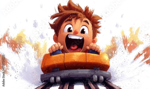 A child laughs while riding a snow slide