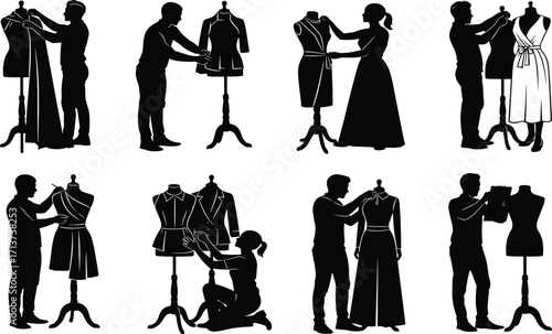 Fashion design silhouette set, black, professionals adjusting garments on mannequins, tailoring, fitting, vector, isolated clothing creation posture bundle