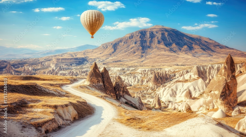 Naklejka premium Hot Air Balloon Over Cappadocia's Unique Landscape, Turkey, Scenic View.