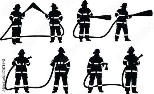 Firefighter silhouette set, black, professionals spraying water, holding hoses, lanterns, nozzles, vector, isolated emergency response and gear bundle