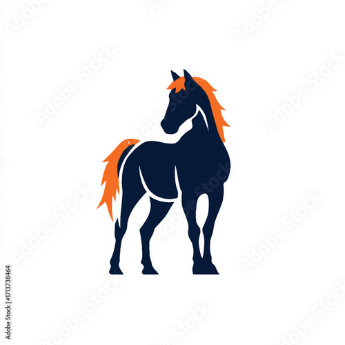 Elegant horse silhouette logo design with a striking contrast between navy blue body and vibrant orange mane and tail
