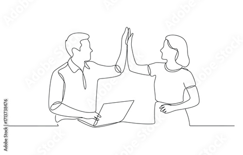 Minimalist line drawing of a person typing on a laptop computer sitting at a desk vector, Continuous One Line art Vector illustration.