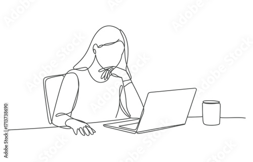 Minimalist line drawing of a person typing on a laptop computer sitting at a desk vector, Continuous One Line art Vector illustration.
