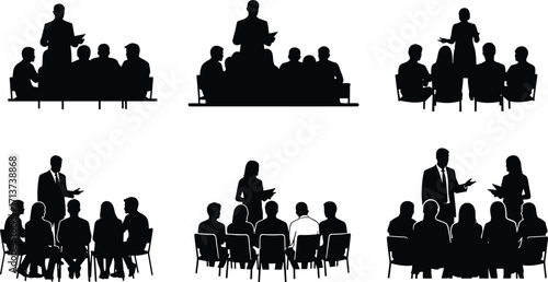 Business people silhouettes attending seminar, corporate meeting, training session, workshop, teamwork presentation, education lecture, group discussion, speaker talking, audience listening