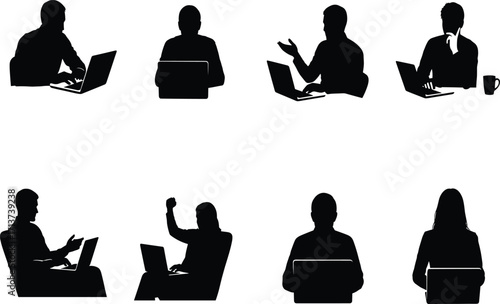 Laptop user silhouette set, black, seated professionals typing, thinking, celebrating, coffee mug, vector, isolated remote work posture bundle