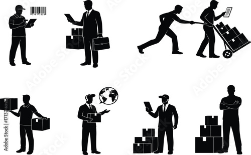 Logistics silhouette set, black, professionals managing packages, inventory, global supply chain, vector, isolated delivery and inspection posture bundle