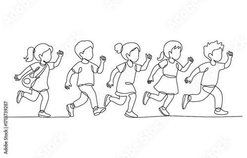 Simple continuous line drawing of a group of children walking together holding hands. Continuous One Line art Vector illustration.