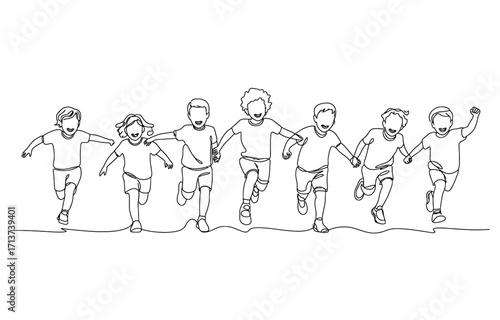 Simple continuous line drawing of a group of children walking together holding hands. Continuous One Line art Vector illustration.
