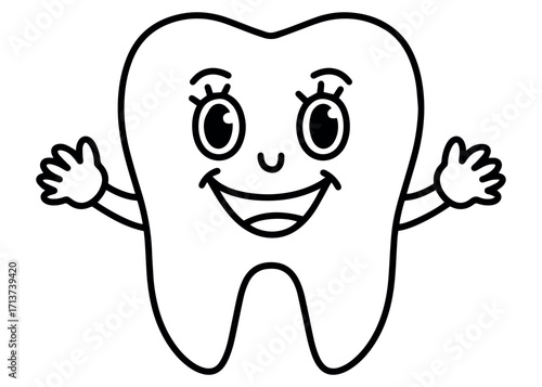 Smiling tooth character with big eyes and open arms. Cute dental mascot for oral care, dentistry, toothpaste packaging or children’s clinic design.