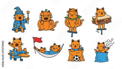 Whimsical Cat Variety: A collection of playful cartoon cats embodying different personalities, with illustrations crafted in vector format to enhance the scene's overall visual allure.