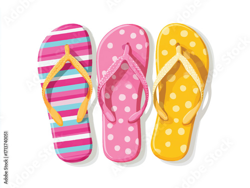 Colorful summer flip flops in a row representing beach vacation and warm weather vibes for relaxation and fun