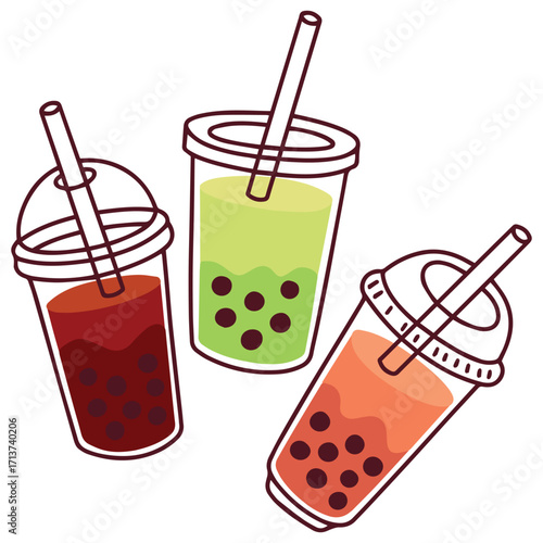 Collection of bubble tea drinks in transparent cups with tapioca pearls and straws. Variety of refreshing sweet beverages illustration.