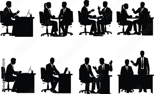 Office interaction silhouette set, black, professionals seated, discussing, gesturing, presenting, laptops, vector, isolated business communication posture bundle