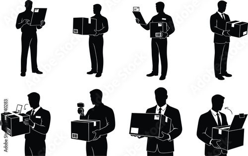 Package handling silhouette set, black, professionals inspecting, delivering, documenting parcels, vector, isolated logistics and supply chain posture bundle