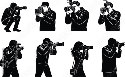 Photographer silhouette set, black, professionals crouching, aiming, shooting with cameras, hats, gear, vector, isolated photo capture posture bundle