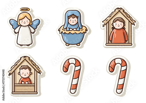 Cute cartoon Christmas Nativity scene with angel baby Jesus shepherds and candy canes illustration