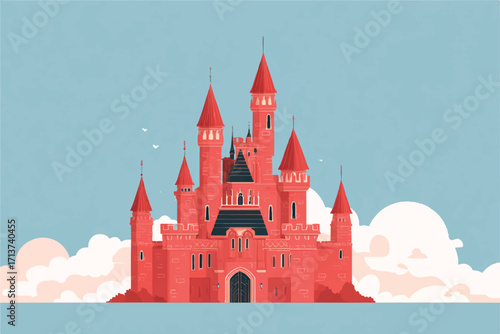 Enchanting red castle illustration with soaring towers against a light blue sky and fluffy white clouds