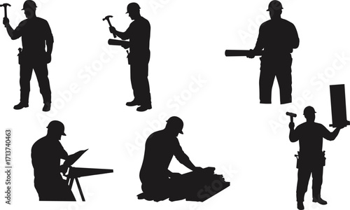 Construction worker silhouette with tools, carpenter handyman holding hammer, blueprint, wood, craftsman builder, labor man, repairman, industrial job site illustration.