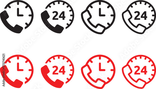24 hour, service, support, icon, symbol, clock, time, phone, call, customer, help, assistance, round the clock, availability, communication, business, graphic, design, black, red, white background, se