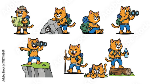 Adventure Cat’s Expedition: The illustrations bring to life a cute adventurous cat that is engaged in activities related to travel or camping, offering a glimpse of excitement and exploration.
