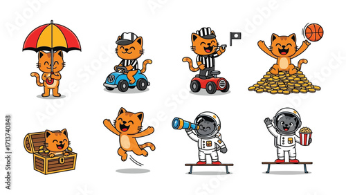 Whimsical Cartoon Cat Collection: A delightful assortment of cartoon cats engaged in various playful scenarios, offering a versatile touch for a wide range of creative projects.