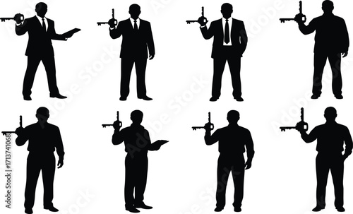 Silhouette set, black, suited men holding guns and folders, dramatic poses, vector, isolated espionage and conflict posture bundle