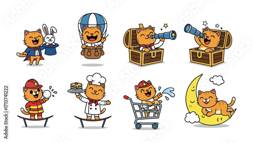 Whimsical Cartoon Cats' Adventures: A collection of delightful cartoon illustrations showcases a playful orange cat in various imaginative scenarios, from a magician to a chef.