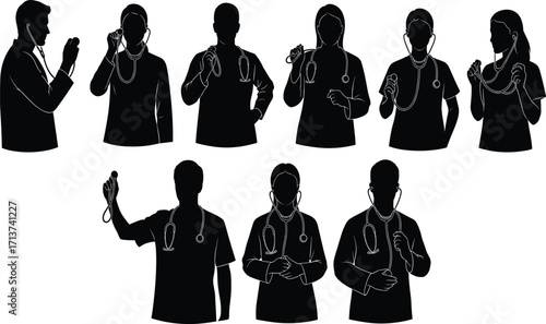 Stethoscope silhouette set, black, diverse individuals using medical tools in varied poses, vector, isolated healthcare and diagnostic posture bundle
