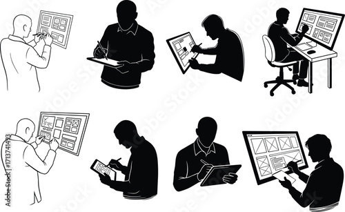 UI/UX designer silhouette set, black, professionals sketching wireframes, using tablets, computers, vector, isolated digital design posture bundle
