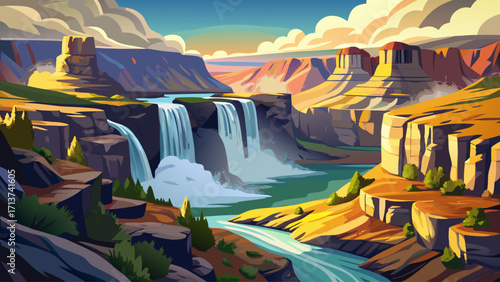 Shoshone Falls on the Snake River in Idaho, wide and powerful waterfall called the “Niagara of the West,” with rocky cliffs and mist creating dramatic scenery