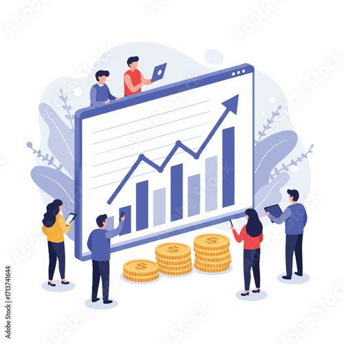 Diverse group of people observing a large upward-trending financial graph on a digital screen, accented with coins and growth arrows, in a clean 2D flat vector style.