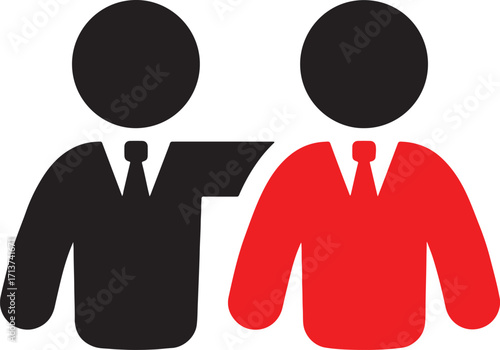 people, figures, icons, business, men, colleagues, teamwork, partnership, collaboration, friendship, support, red, black, white background, suit, tie, shirt, abstract, simple, graphic, silhouette, hum