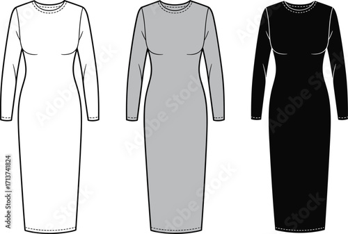 Set of three women's bodycon long-sleeve midi dresses with crew neck, in black, white, and gray, vector illustration for fashion.