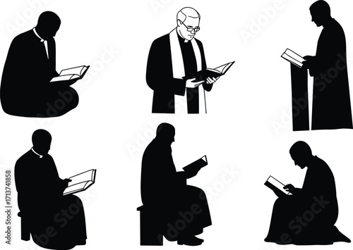 Priest reading holy book, clergy silhouette illustration, religious study, Christian worship, faith devotion, spiritual teaching, Bible reading, church religion vector