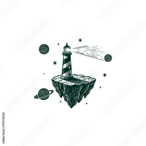 engraving illustration or logo featuring a classic striped lighthouse with a strong beam of light. The lighthouse is situated on a rocky floating island in outer space, surrounded by planets and stars