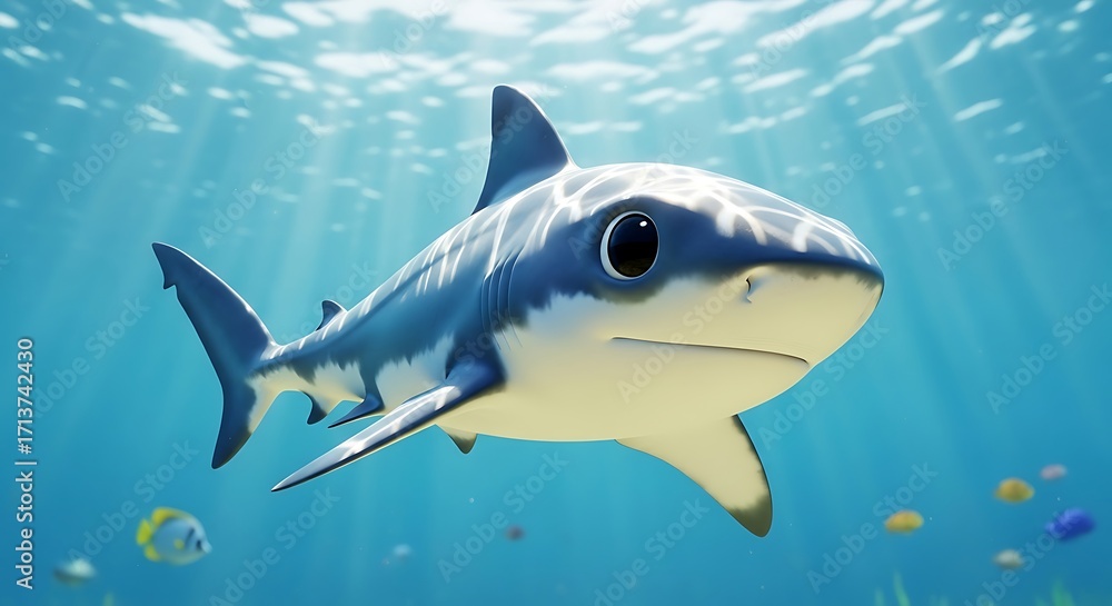 Obraz premium Cute Cartoon Shark Swimming Underwater in Bright Blue Ocean Scene