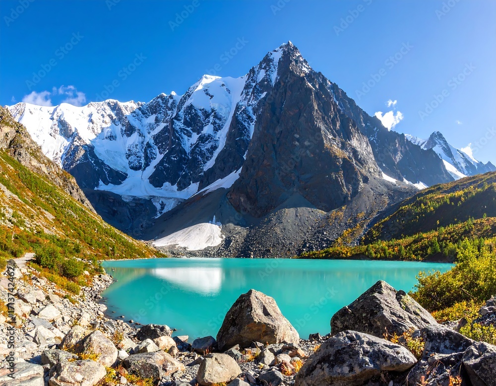 Obraz premium Stunning alpine lake nestled amongst snow-capped peaks (1)