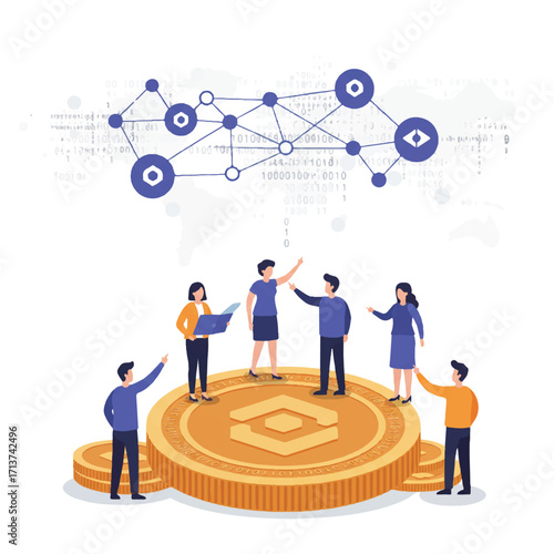 Flat 2D vector shows a diverse group standing on a cryptocurrency coin, pointing towards interconnected blockchain nodes with binary code, symbolizing decentralized finance.