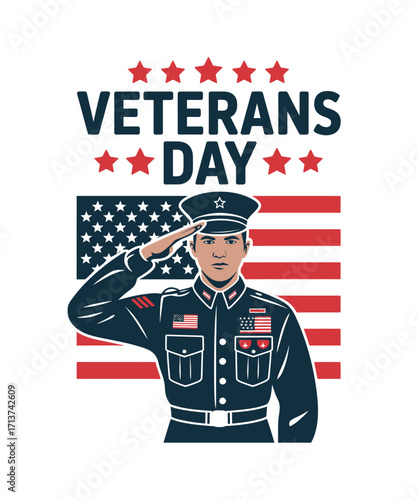 U S soldier saluting with American flag and veterans day text
