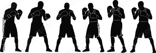 Silhouette boxers in fighting stance, professional athletes training, boxing poses, martial arts practice, sports competition preparation, strength, power, fitness, action